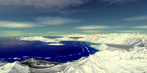 Alien Planet. Mountain and lake. 3D rendering