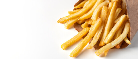 Appetizing french fries on white background. Hot fast food. Place for text.