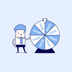 Businessman and result of wheel of fortune. Cartoon character thin line style vector.