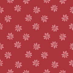 Geometric style abstract seamless pattern with pink carnation flowers ornament. Red background.