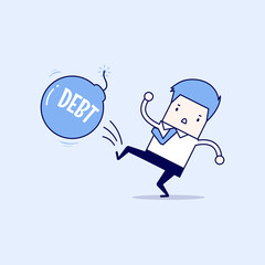 Businessman kicking debt bomb ball away like as soccer ball, success tax business. Cartoon character thin line style vector.