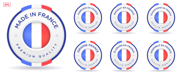 set badge logotype of Made in France badge with ribbon and flag on white background, modern color symbol logo for packaging design