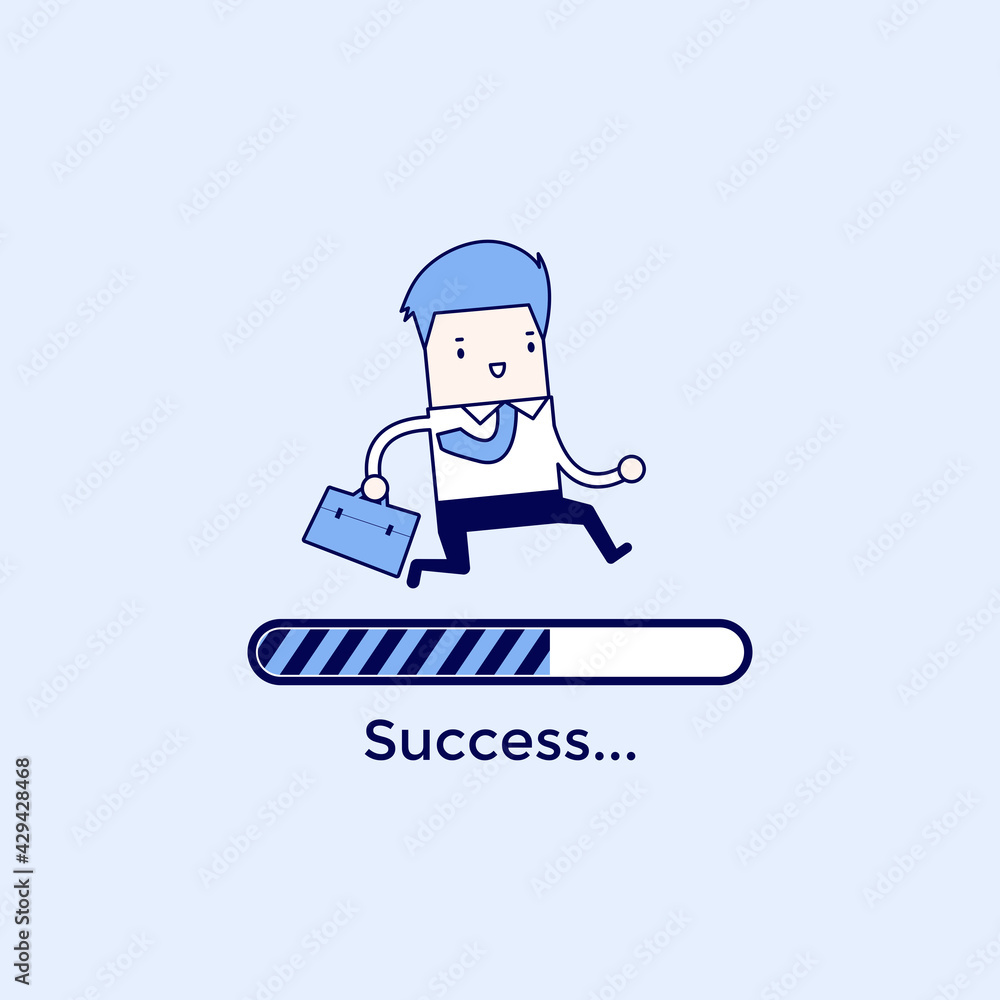 Poster businessman run on progress loading bar, success concept. cartoon character thin line style vector.