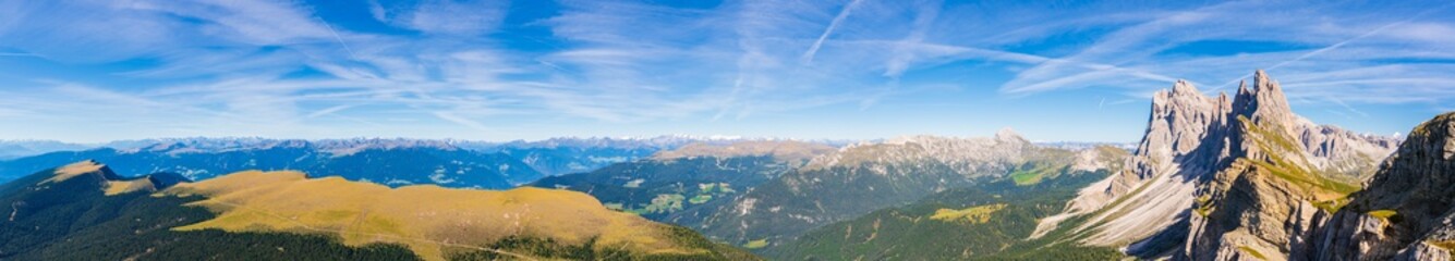 Panorama of Seceda peaks. in Dolomites Alps, South Tyrol, Italy