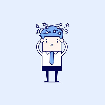 Businessman with stars spinning around his head. Cartoon character thin line style vector.