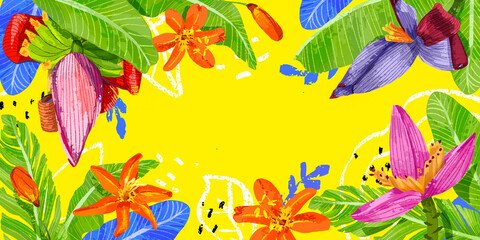 Fototapeta na wymiar Creative universal floral header in tropical style. Modern graphic design. Hand Drawn textures. Ideal for web, card, poster, cover, invitation, brochure.