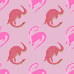 pattern with small pink dinosaurs with long tails