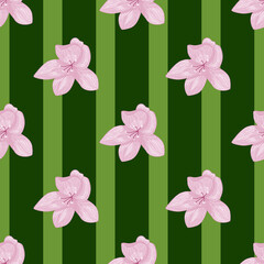 Pink contoured orchid flowers seamless botanic pattern. Green striped background.