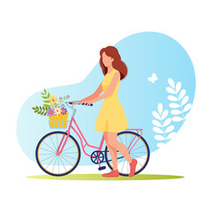 Young girl in summer dress with bicycle, with basket of flowers. Cycling in nature. Charming red-haired woman in yellow dress rides bicycle. Vector illustration for summer vacation. Cartoon style