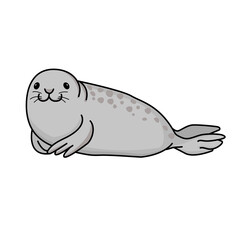 Vector hand drawn outline doodle icon fur seal isolated on white background. Happy gray seal lying on the beach and smiling. Ocean animal illustration.