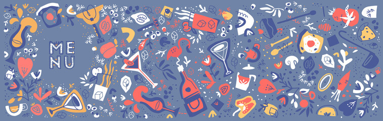 Fototapeta premium Menu horizontal banner. Blue or gray background. Decorative detailed pictures of food. Dots, lines, abstract and floral design elements. Hand drawn lettering