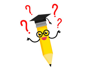 A pencil in an academic cap. Question mark. Cartoon. Vector illustration.
