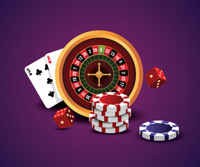Obraz premium Casino roulette wheel with dice, poker chips and playing cards - Illustration