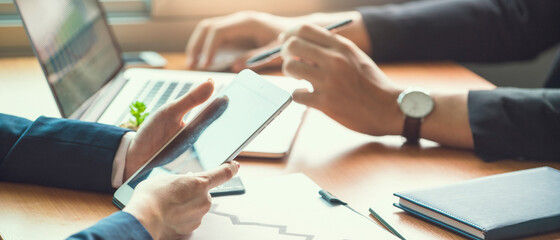 banner photo of business meeting time. Business success team brainstorming for a financial project....