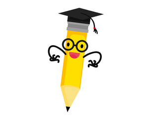 Pencil in an academic cap. Cartoon. Vector illustration.