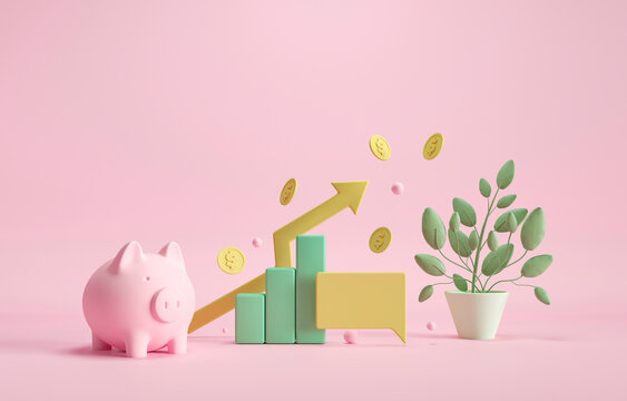 Piggy bank, coins and money tree. Business target achievement concept. 3d render illustration. Investments that generate income. Deposit at a favorable interest rate in the bank.