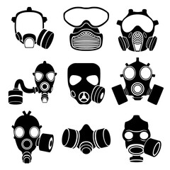 Images of nine different gas masks isolated on a white background.