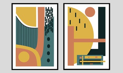 Set two pieces of abstract Geometric mid century modern wall art. Geometry wall decor. Minimalist wall Decorations for home, office, living room and Bedroom. Vector Ilustration 