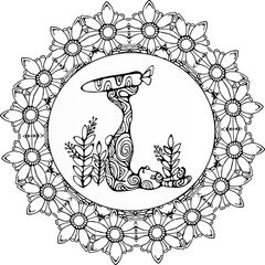 The rabbit is in a yoga pose with a carrot. Flower mandala.