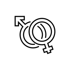 Sexual connection icon. Venus Mirror and Mars Arrow on white background. Editable stroke.