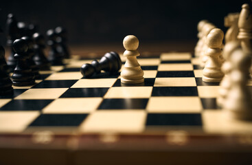 Vintage chess board with checkers, pawns, knights, rooks, bishops, queen and king, black and white colors. Chess board game for ideas and competition and strategy, business success concept.