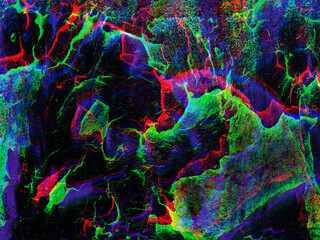 Bright colorful green, blue and red space background. Space, cosmos. Abstract composition, chaos, fantasy. Pixel graphics.