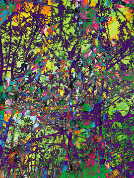 Bright colorful green, yellow, red and purple vegetative background. Abstract composition, chaos, fantasy. Pixel graphics.