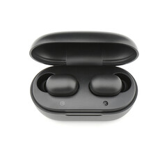 In-ear headphones. Black wireless earphones in-ear with charging case. Wireless earbuds or earphones on white background. 