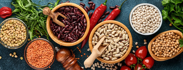 Legumes, lentils, chickpea, beans assortment, tasty appetizing ingredients spices grocery for cooking healthy kitchen on blue table. Weight loss diet and fight against cholesterol concept. Top view.