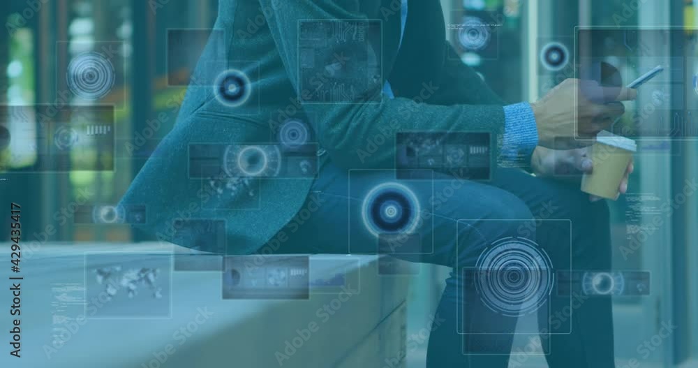 Poster animation of scopes scanning and data processing on screens over businessman using smartphone