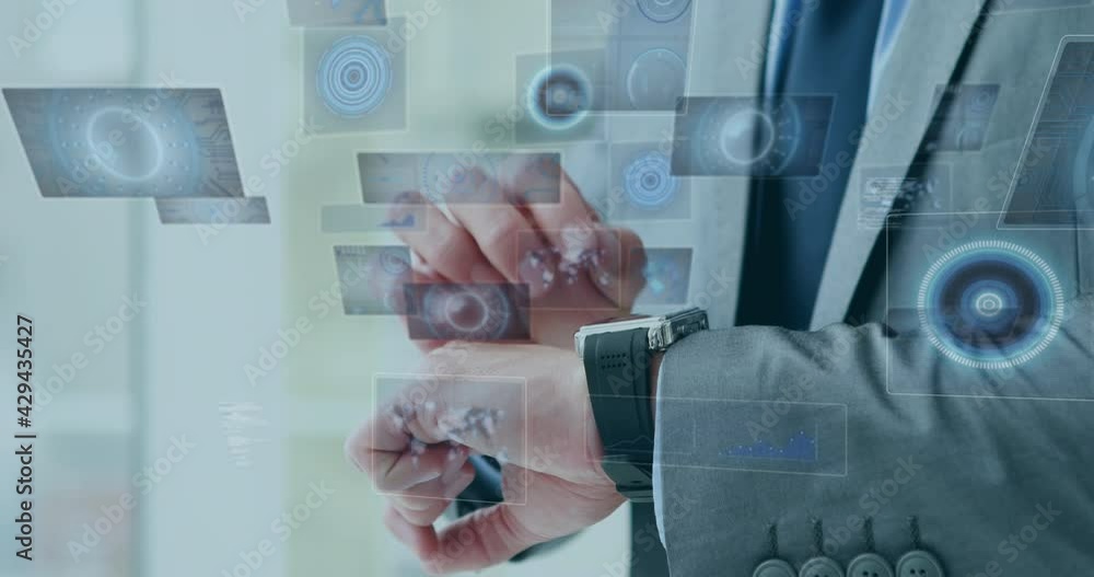 Poster animation of scope scanning and data processing on screens over businessman checking smartphone