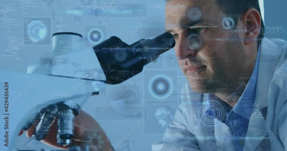 Poster animation of scopes scanning and data processing on screens over male scientist with microscope