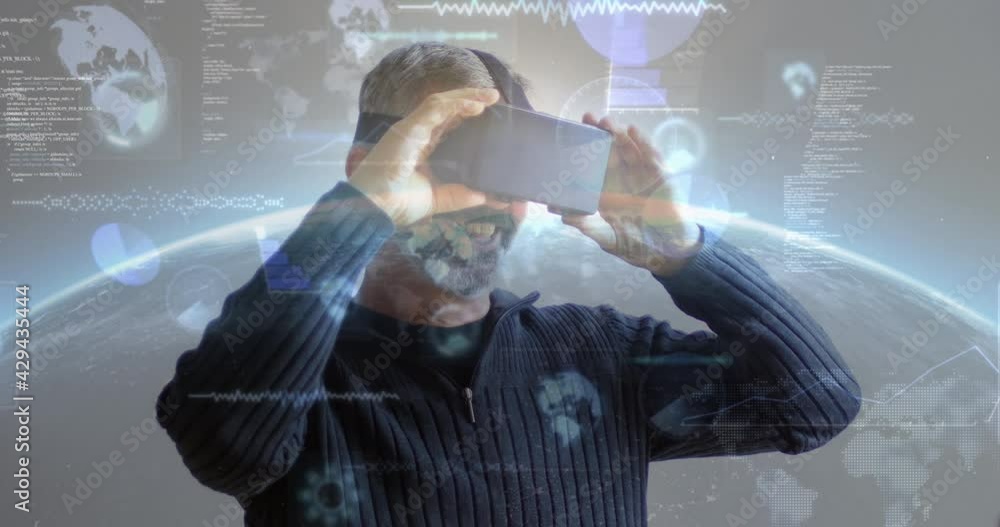 Poster animation of data processing and statistics recording screens over man wearing vr headset