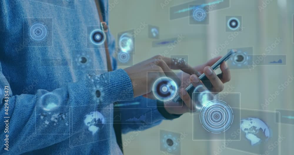 Poster animation of scopes scanning and data processing on screens over man using smartphone