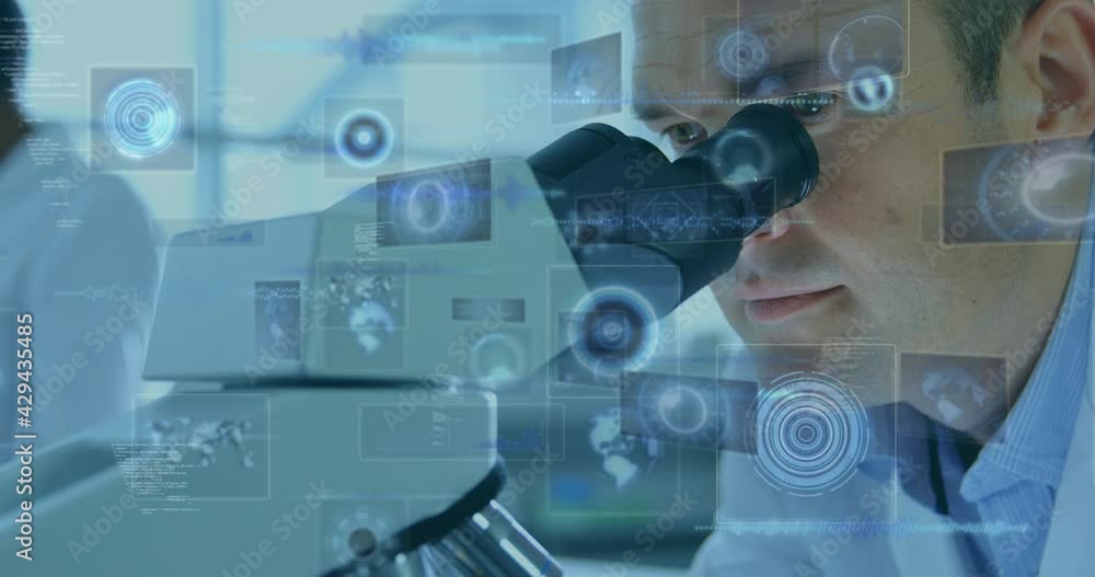 Poster animation of scopes scanning and data processing on screens over male scientist using microscope