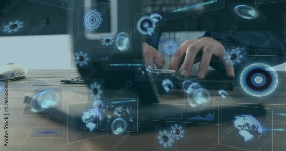 Poster animation of scopes scanning and data processing on screens over man using computer
