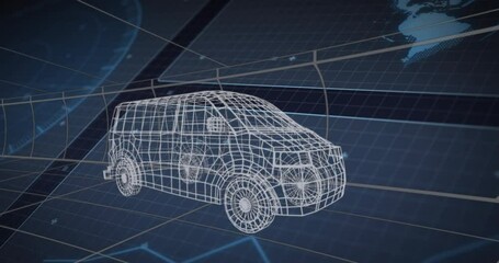 Animation of 3d van technical drawing scopes scanning and data processing on screens - Powered by Adobe