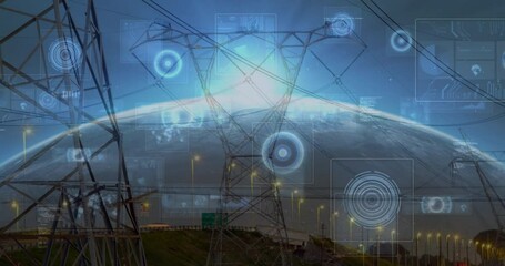 Animation of scope scanning and data processing on screens over electric pylons and globe - Powered by Adobe