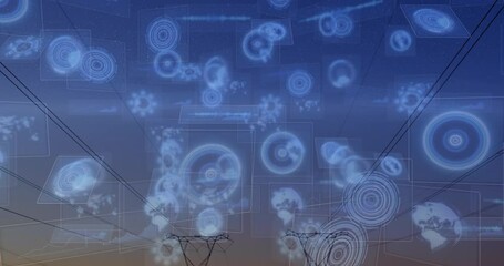 Animation of scopes scanning and data processing on screens over electric pylons - Powered by Adobe