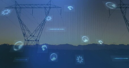 Animation of scopes scanning and data processing on screens over electric pylons - Powered by Adobe