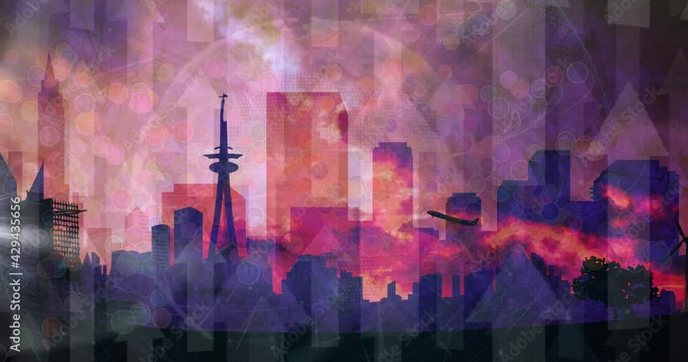 Poster animation of numbers processing over airplane taking off and cityscape and arrows in background