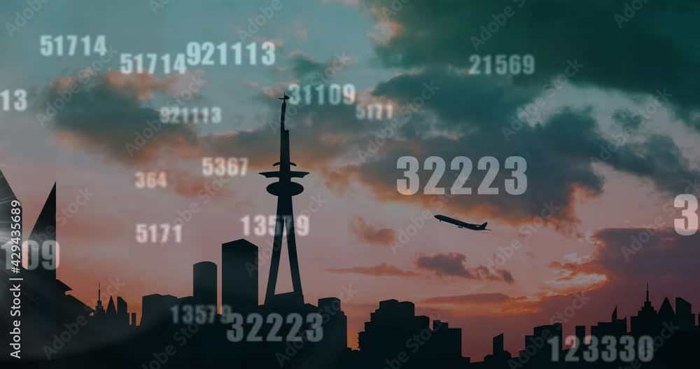 Poster animation of numbers processing over airplane taking off and cityscape in background