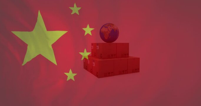 Animation of chinese flag waving over globe on cardboard boxes