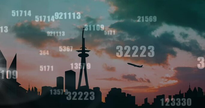 Animation of numbers processing over airplane taking off and cityscape in background