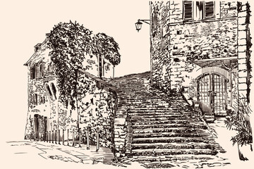 Hand sketch on a beige background. Old town street with stone stairs and brick houses.