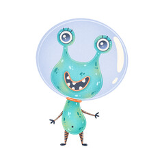 Illustration of a cute green cartoon alien. Cute monster isolated on white background.