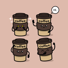 Set of kawaii cute coffee cup mascot design illustration