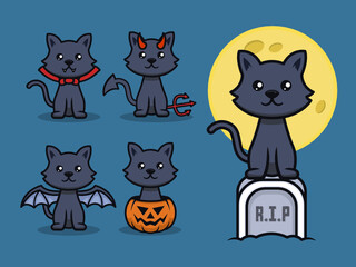 Obraz na płótnie Canvas Set of Halloween themed cat mascot design illustration