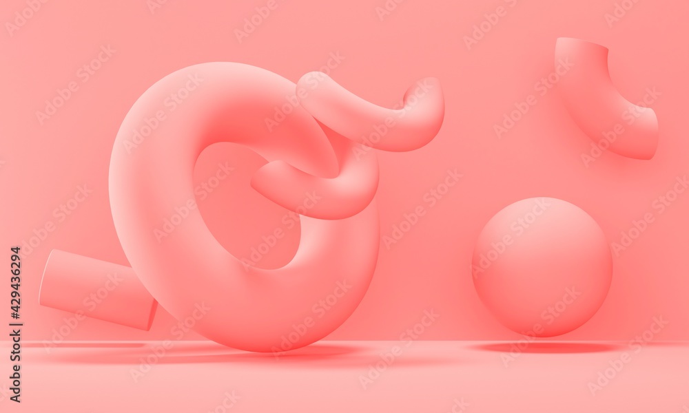 Poster abstract pink studio background with flying geometric shapes. 3d rendering