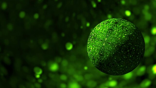 Abstract Digital Futuristic Background. Animated of Glittering Green Lime Color Sphere rotate in green glitter Virtual Space with DOF. 4K 3D rendering technology Sci-Fi seamless loop with copy space.